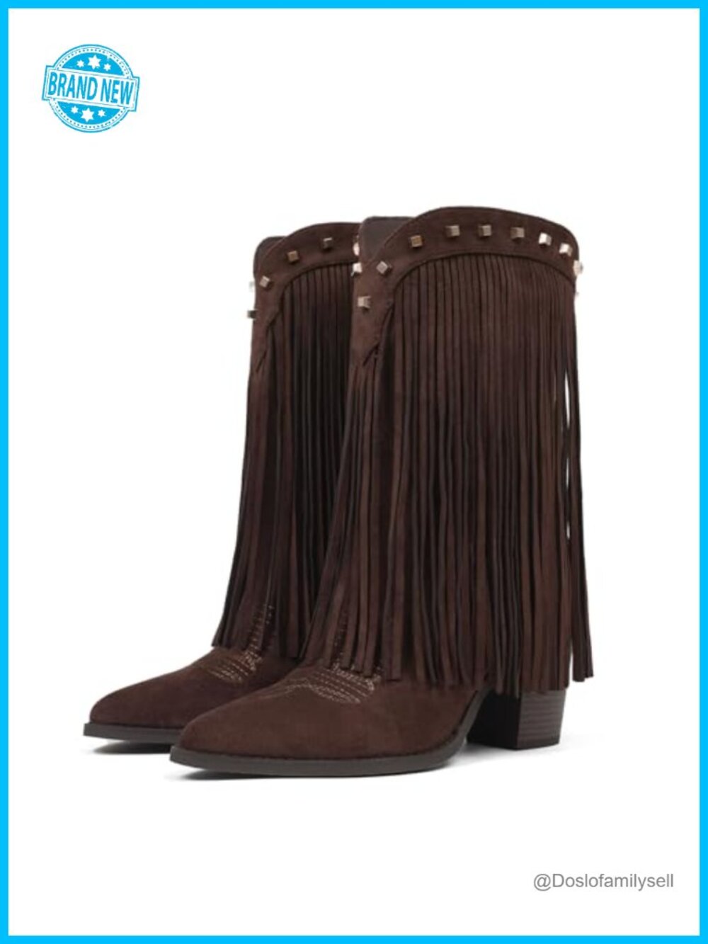 CYNLLIO Faux Suede Fringe Cowboy Boots Mid Calf Western Boots